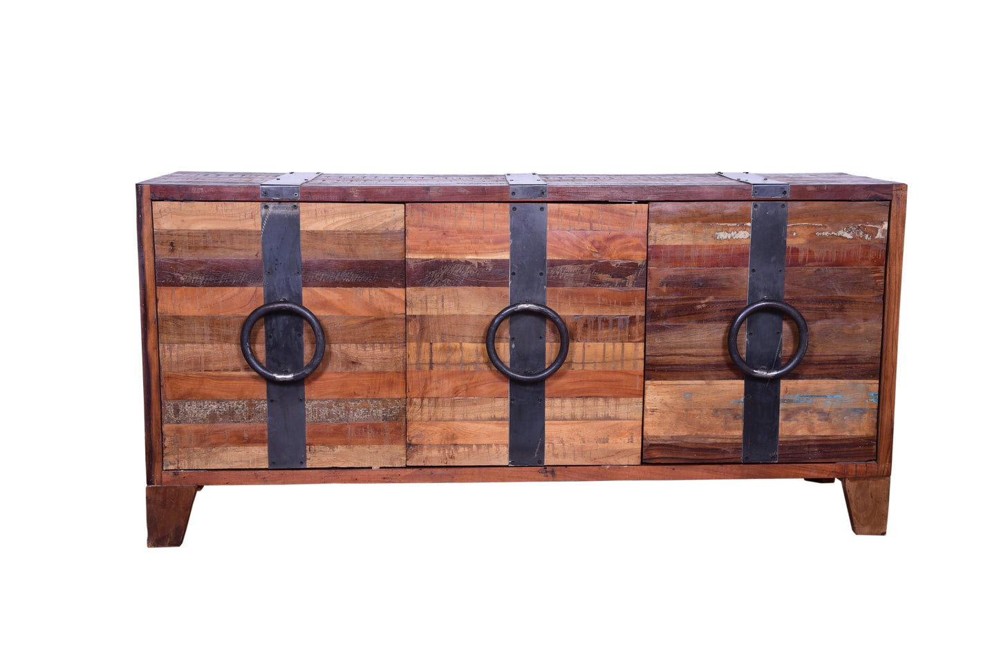 Front view of reclaimed wood sideboard with metal accents