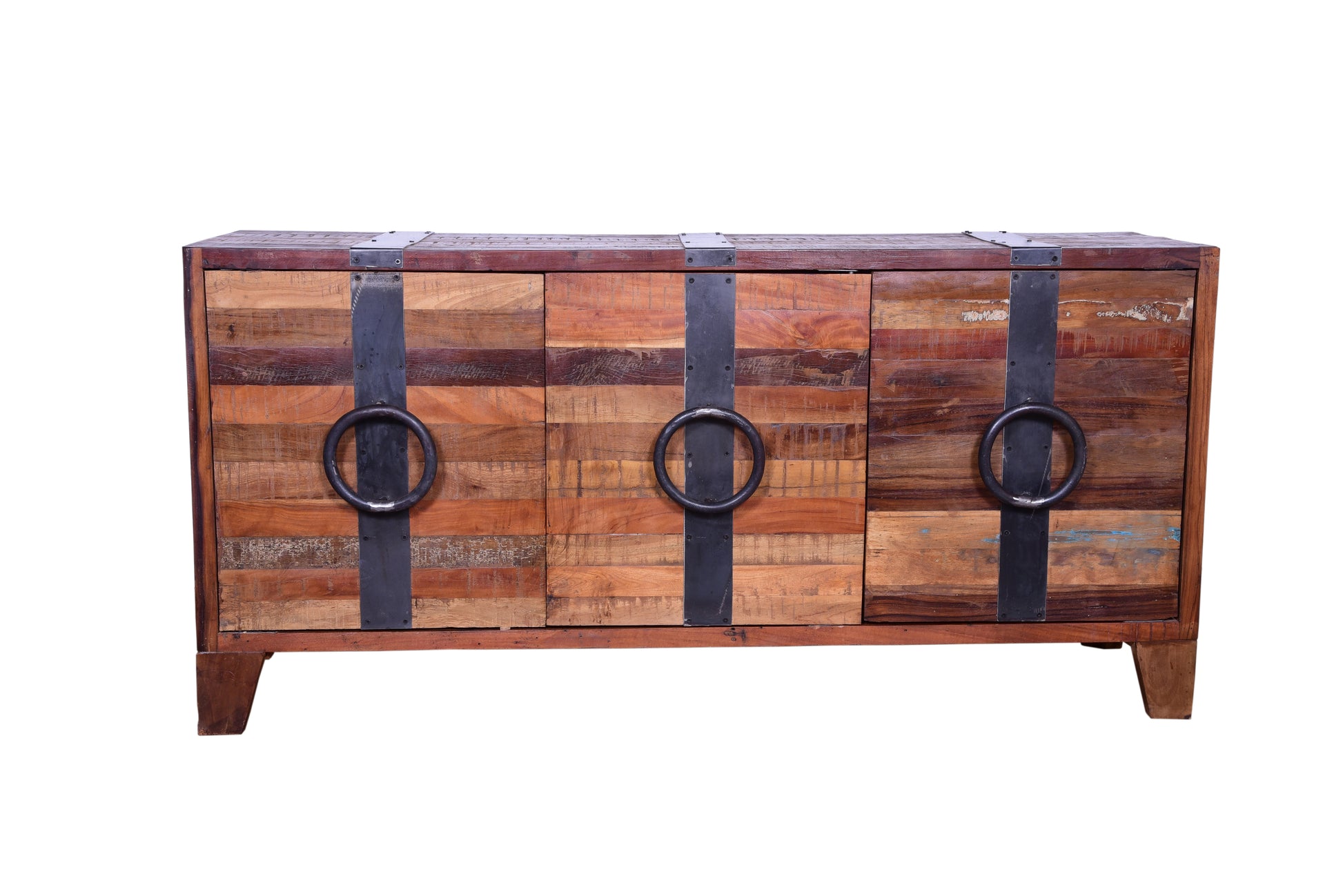 Front view of reclaimed wood sideboard with metal accents