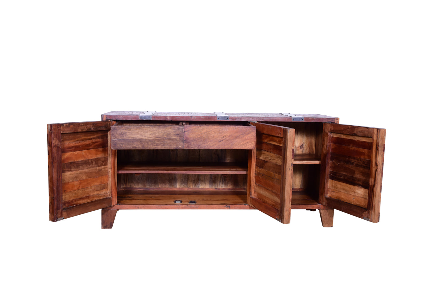 Open view of reclaimed wood sideboard showing spacious storage