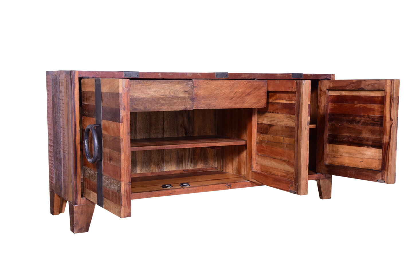 Angled view of reclaimed wood sideboard with rustic finish