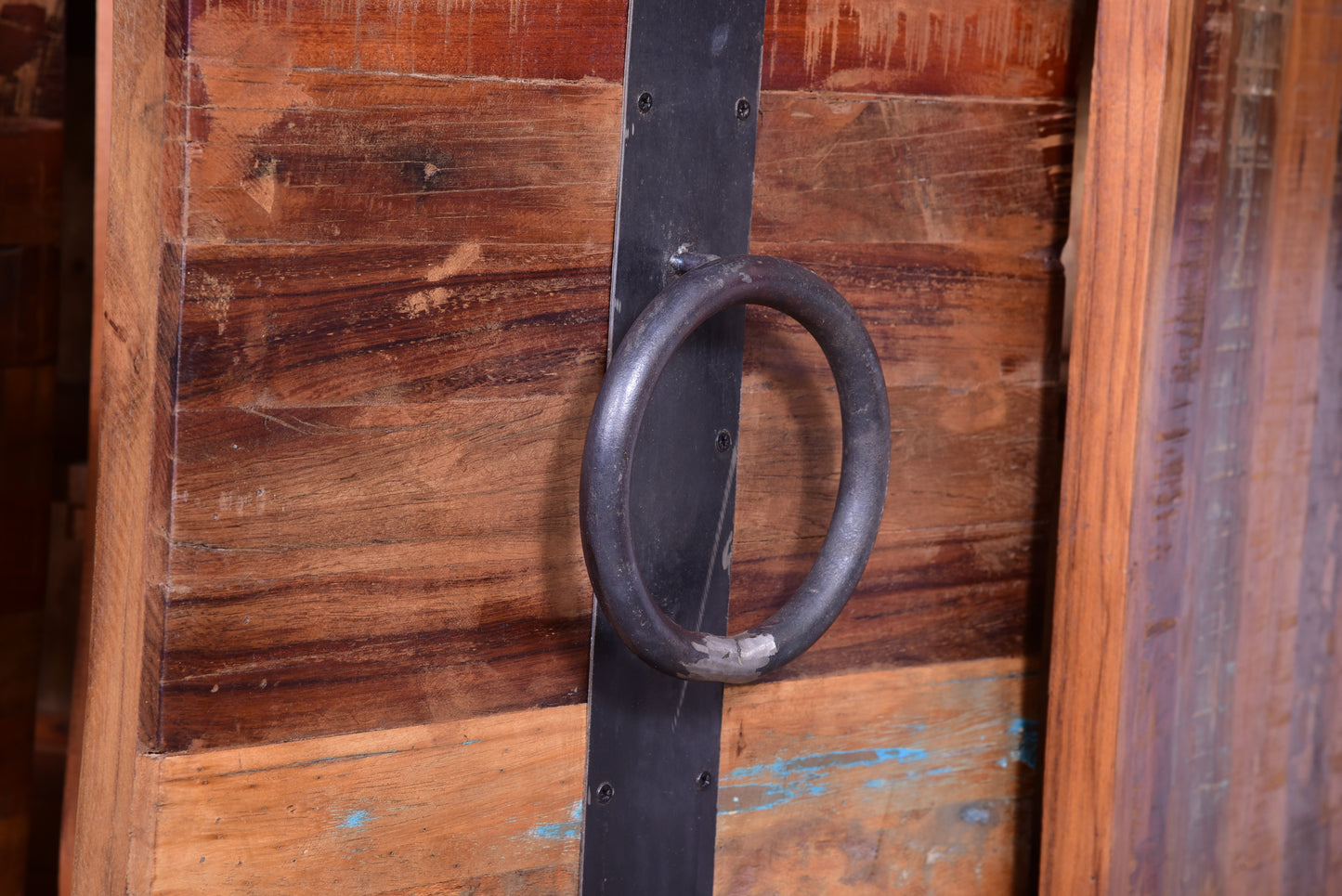 Detailed view of reclaimed wood sideboard handle.
