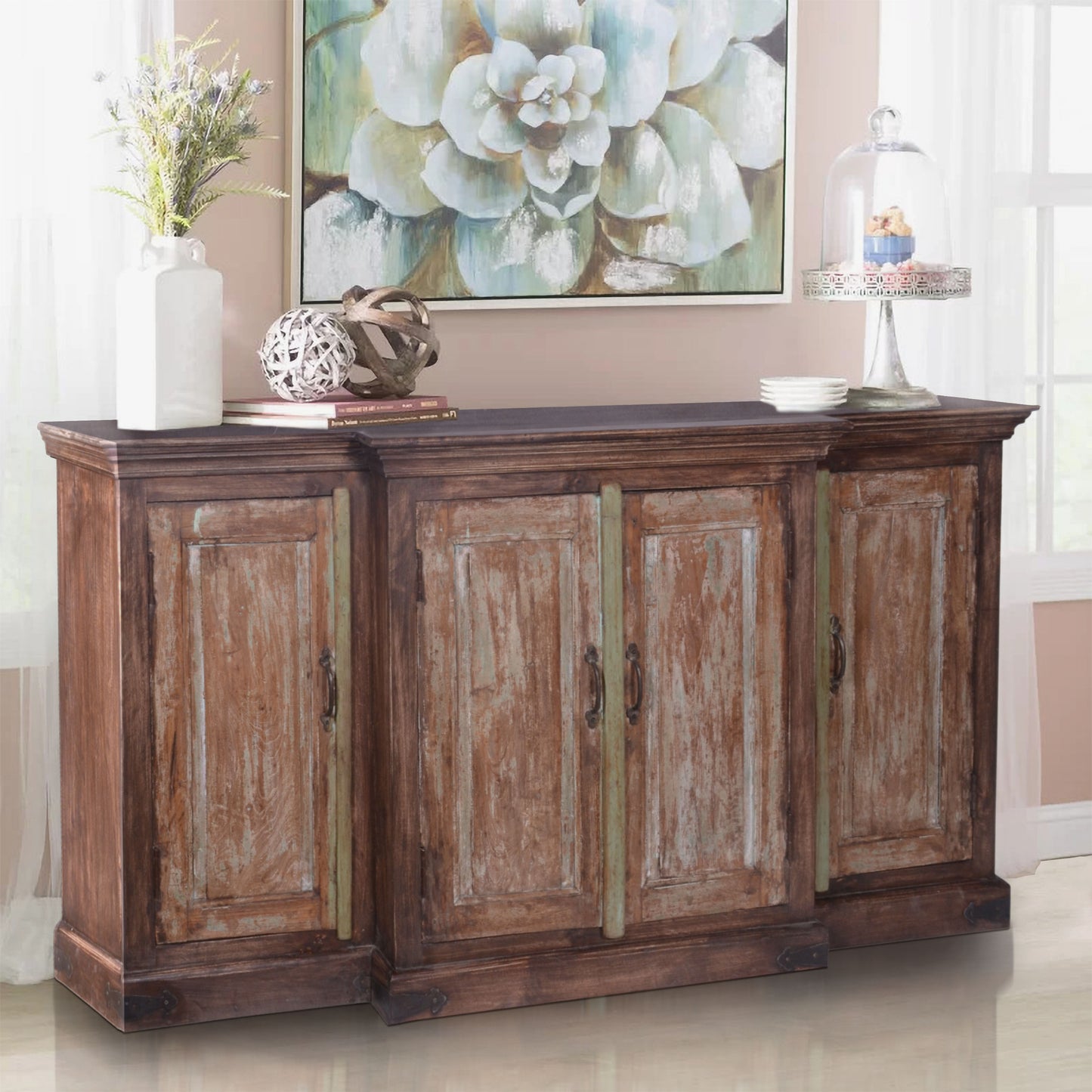 Decorated natural finish sideboard .