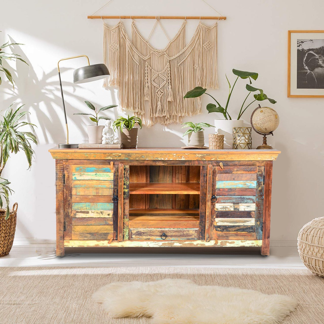 Sideboard in a living room with a bohemian touch