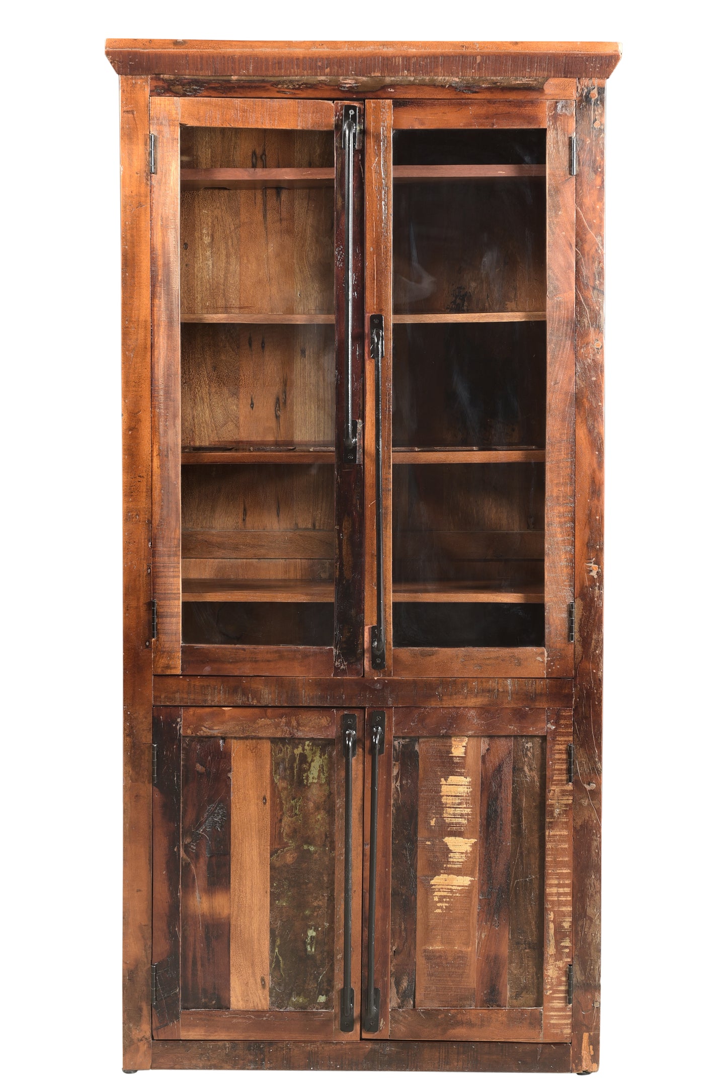 Rustic wooden book shelf with glass doors