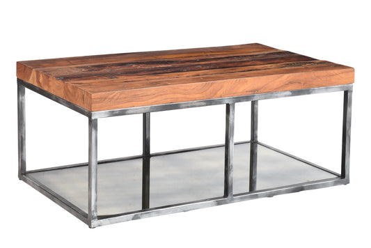 Side angle showcasing iron base of handcrafted coffee table