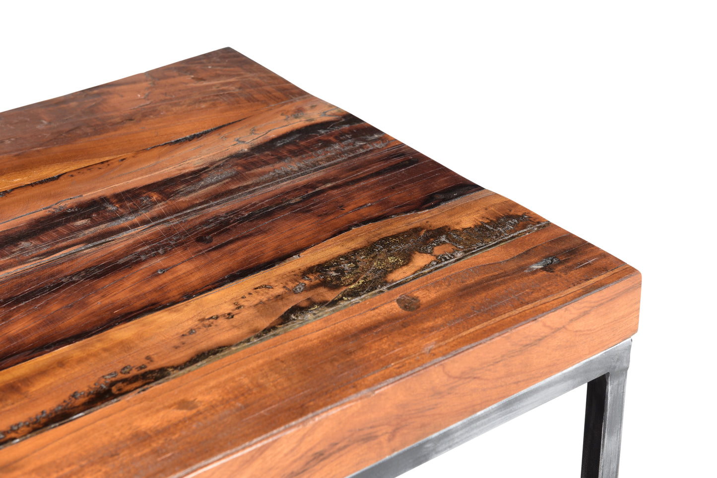 Top view highlighting rustic wood grain of handcrafted coffee table