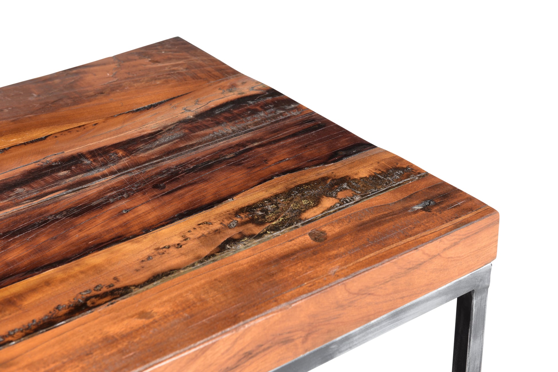 Top view highlighting rustic wood grain of handcrafted coffee table