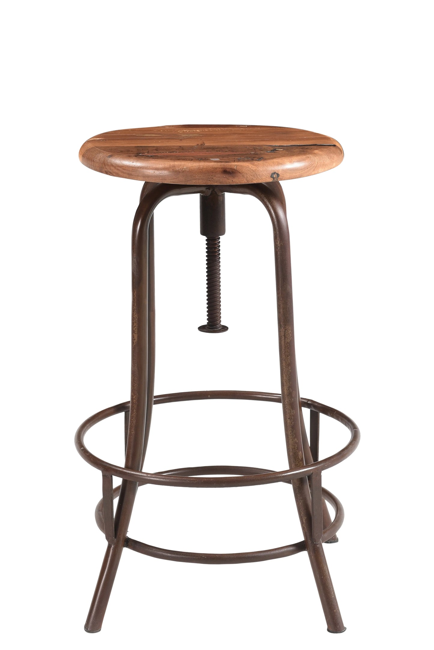 Front view of an adjustable stool with iron legs and wooden seat