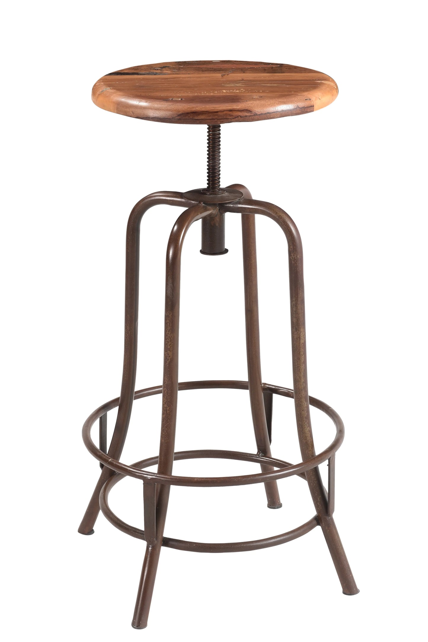 Side view of an adjustable stool showcasing its rustic design