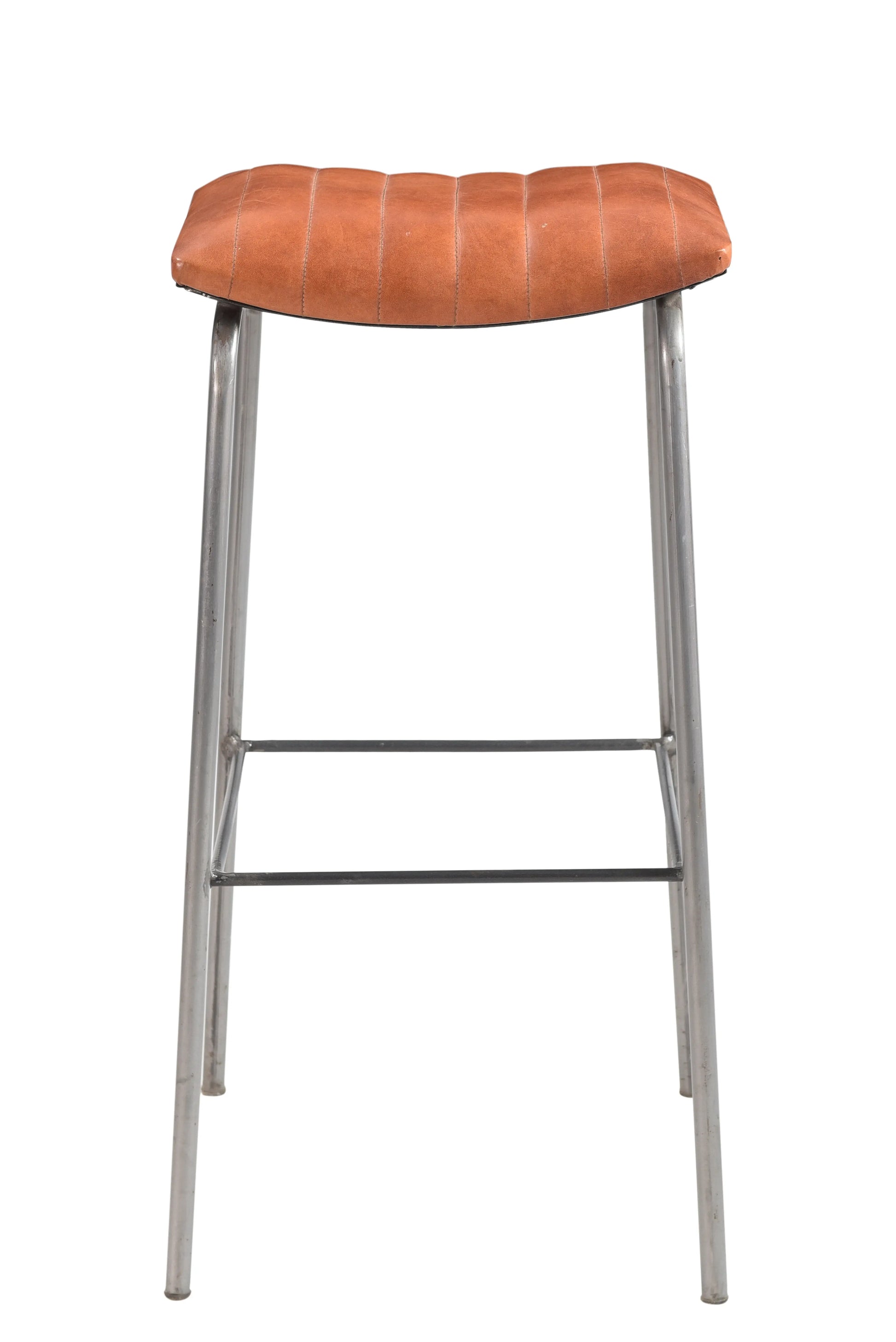 Front view of a bar stool with leather seat and iron legs
