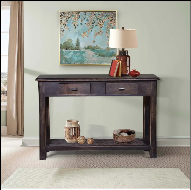 Mango wood console table with lamp