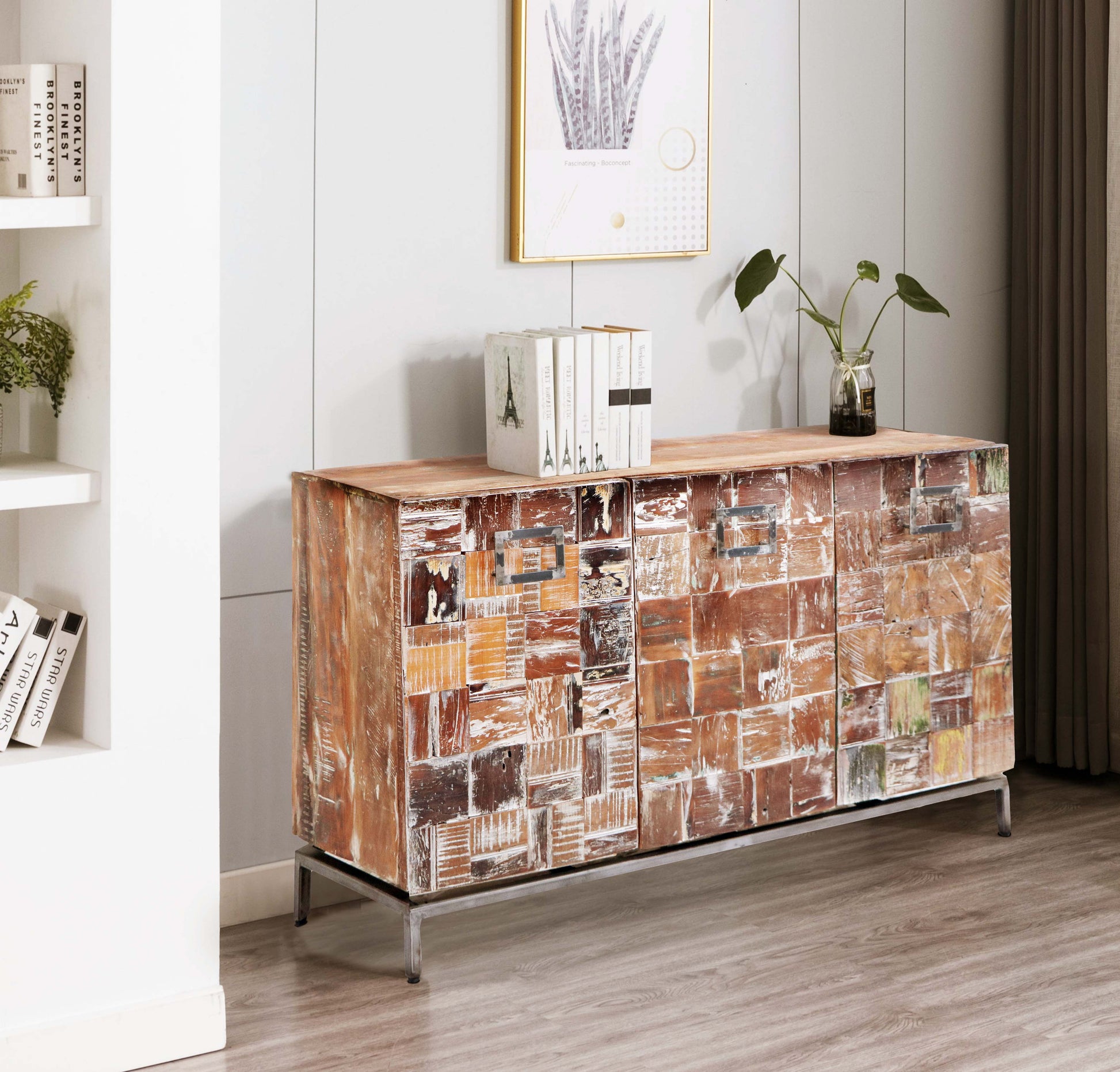 Reclaimed wood sideboard in a modern living space