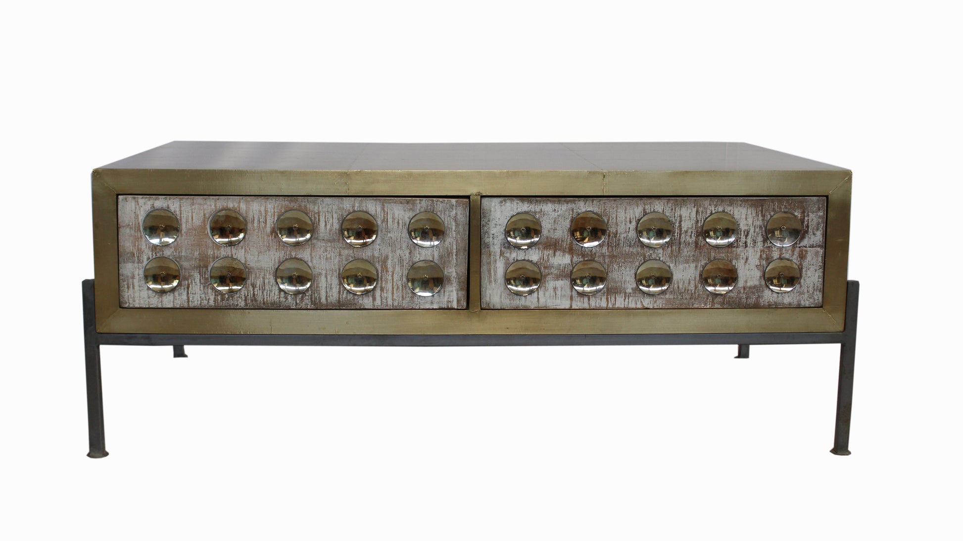 Front view of a wooden coffee table with drawers