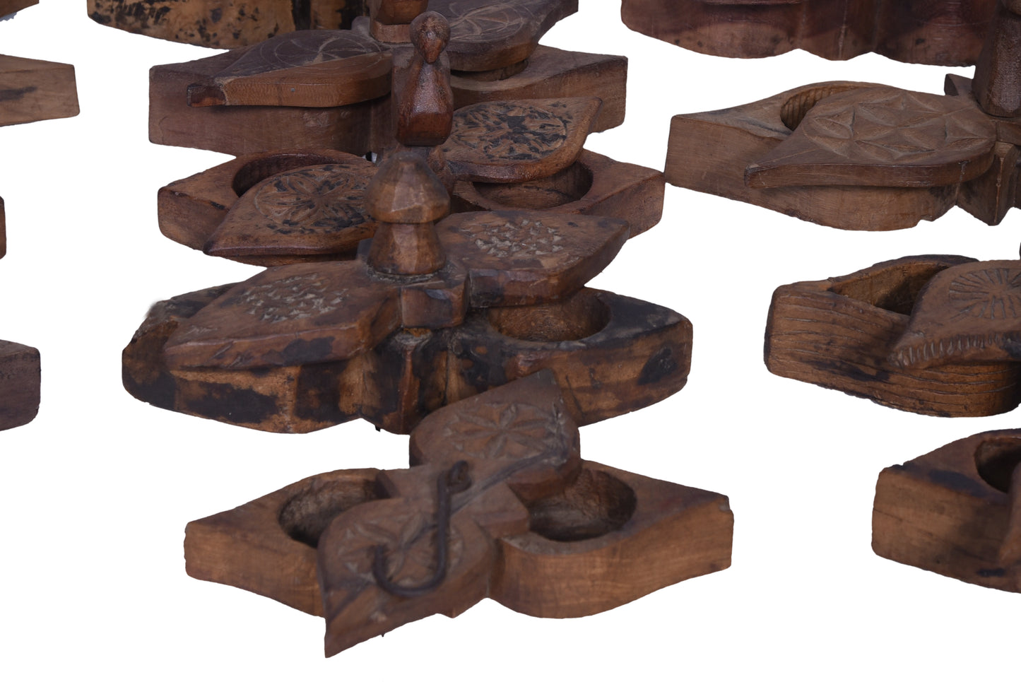 Close up of many decorative boxes.