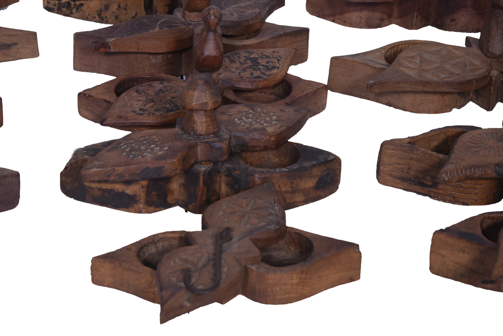 Close up of many decorative boxes.