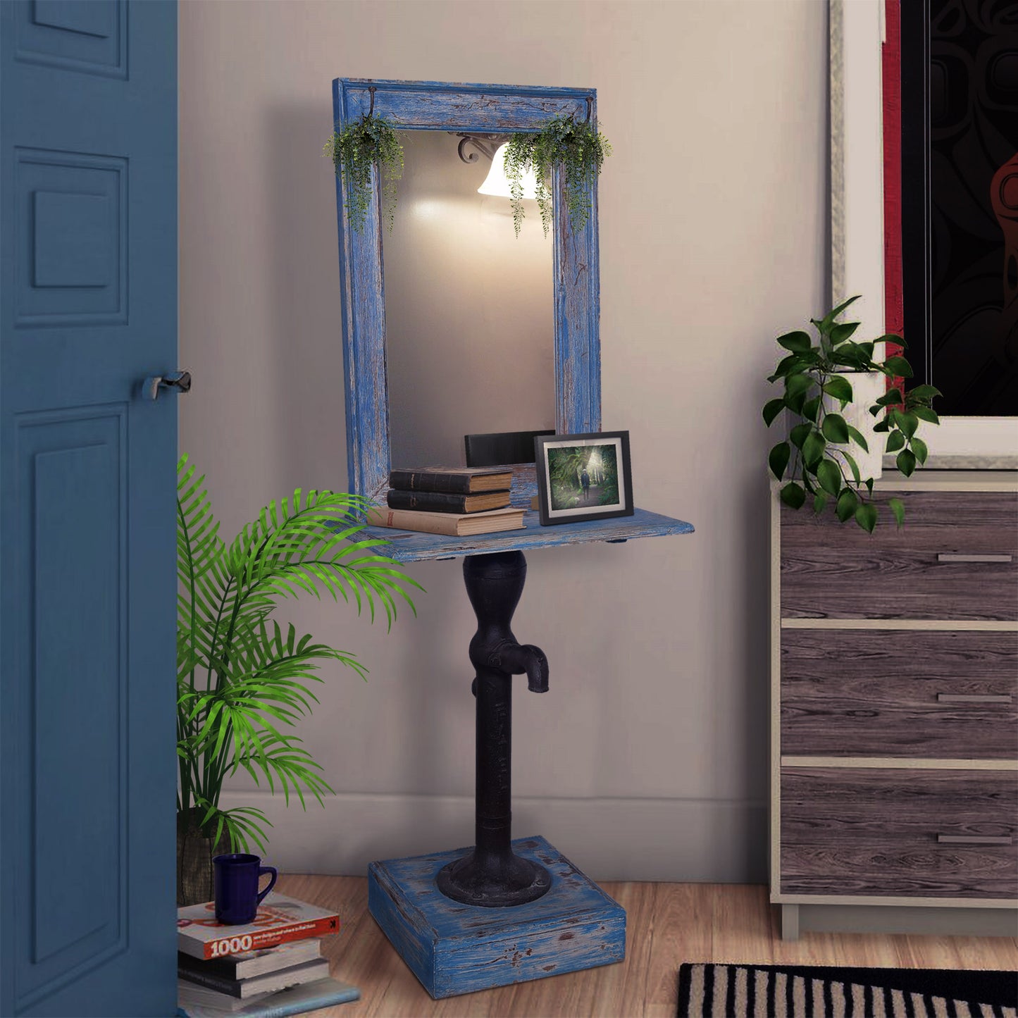 Decorative mirror in a cozy room setting.