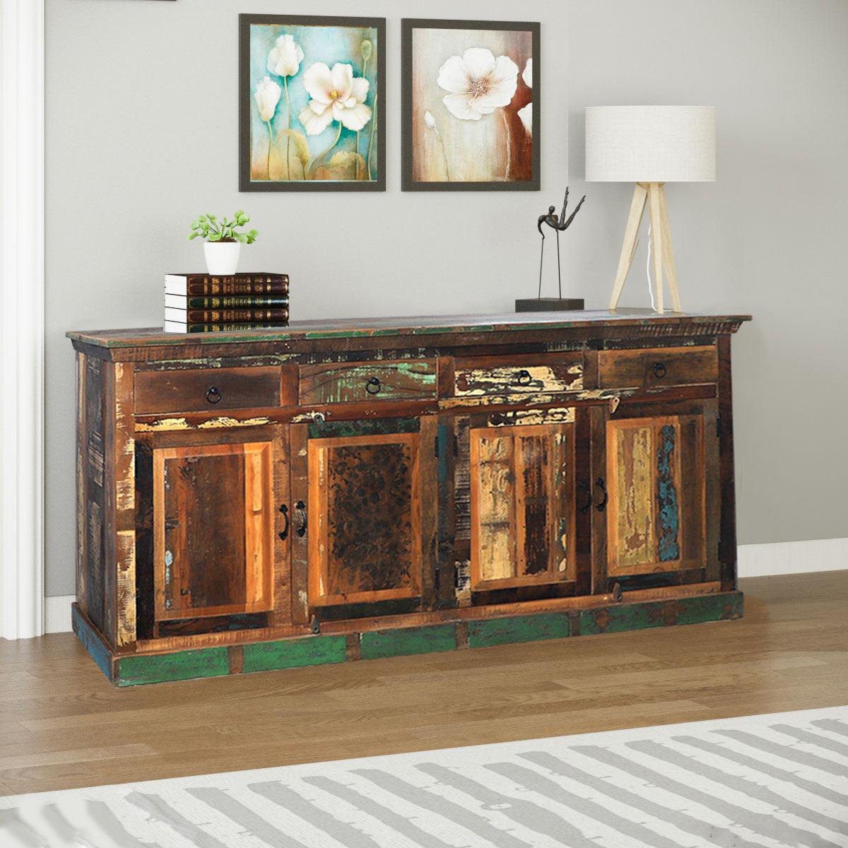 Painted sideboard in a modern dining space.