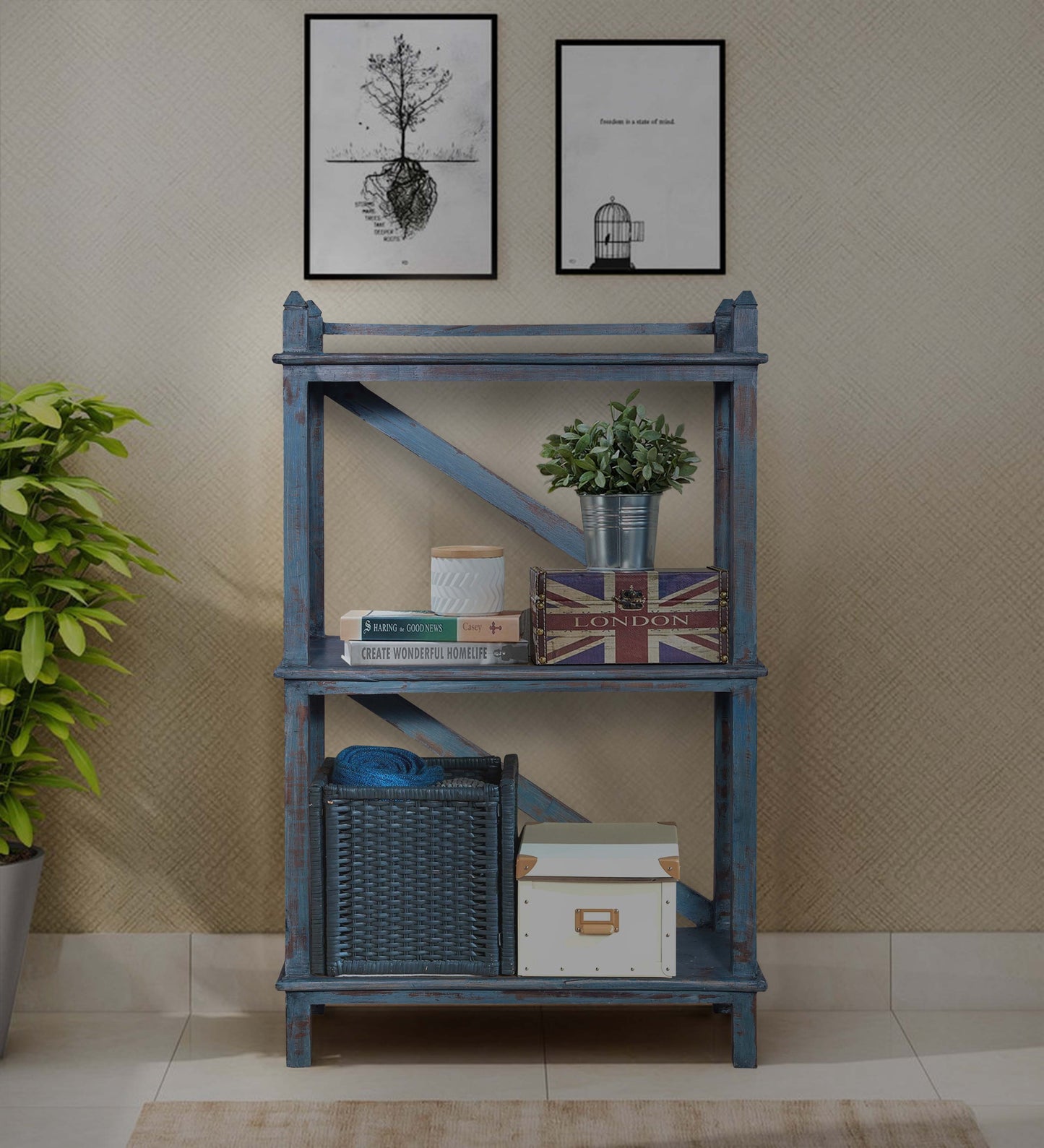 Blue wooden rack with plant.
