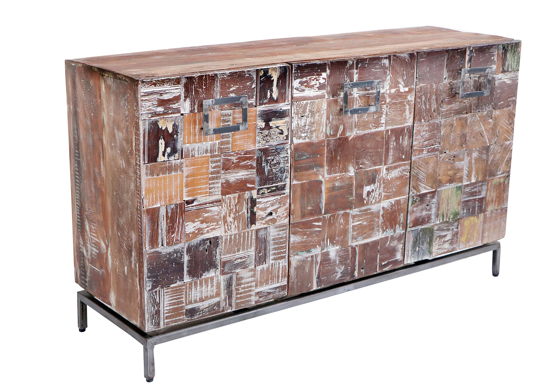 Side angle of a rustic reclaimed wood sideboard