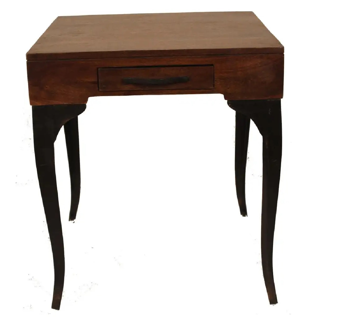 Square side table in a rich brown finish, front view.