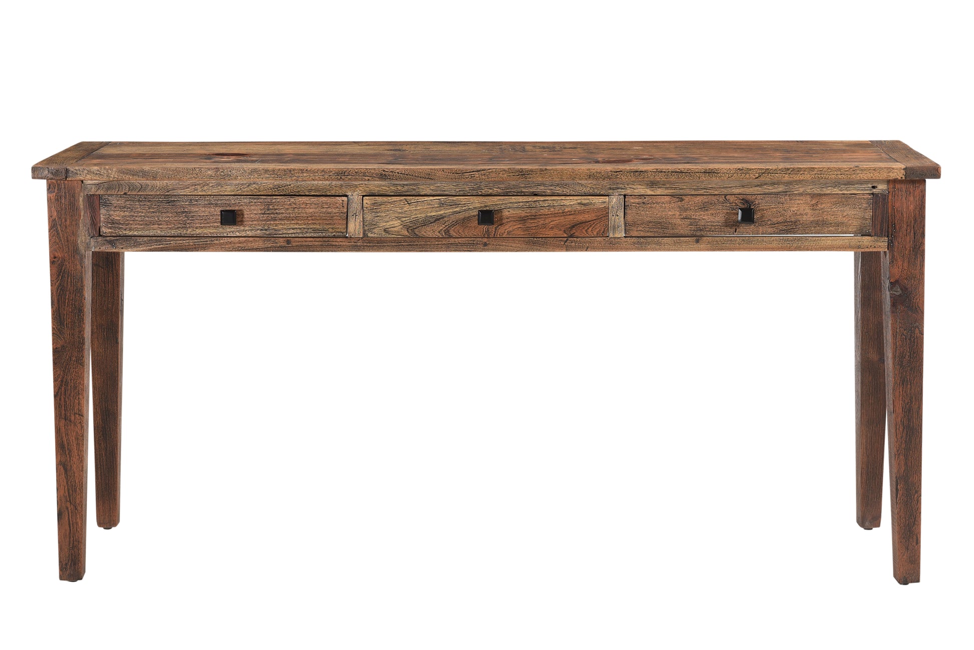Front view of a classic sofa table with stools.