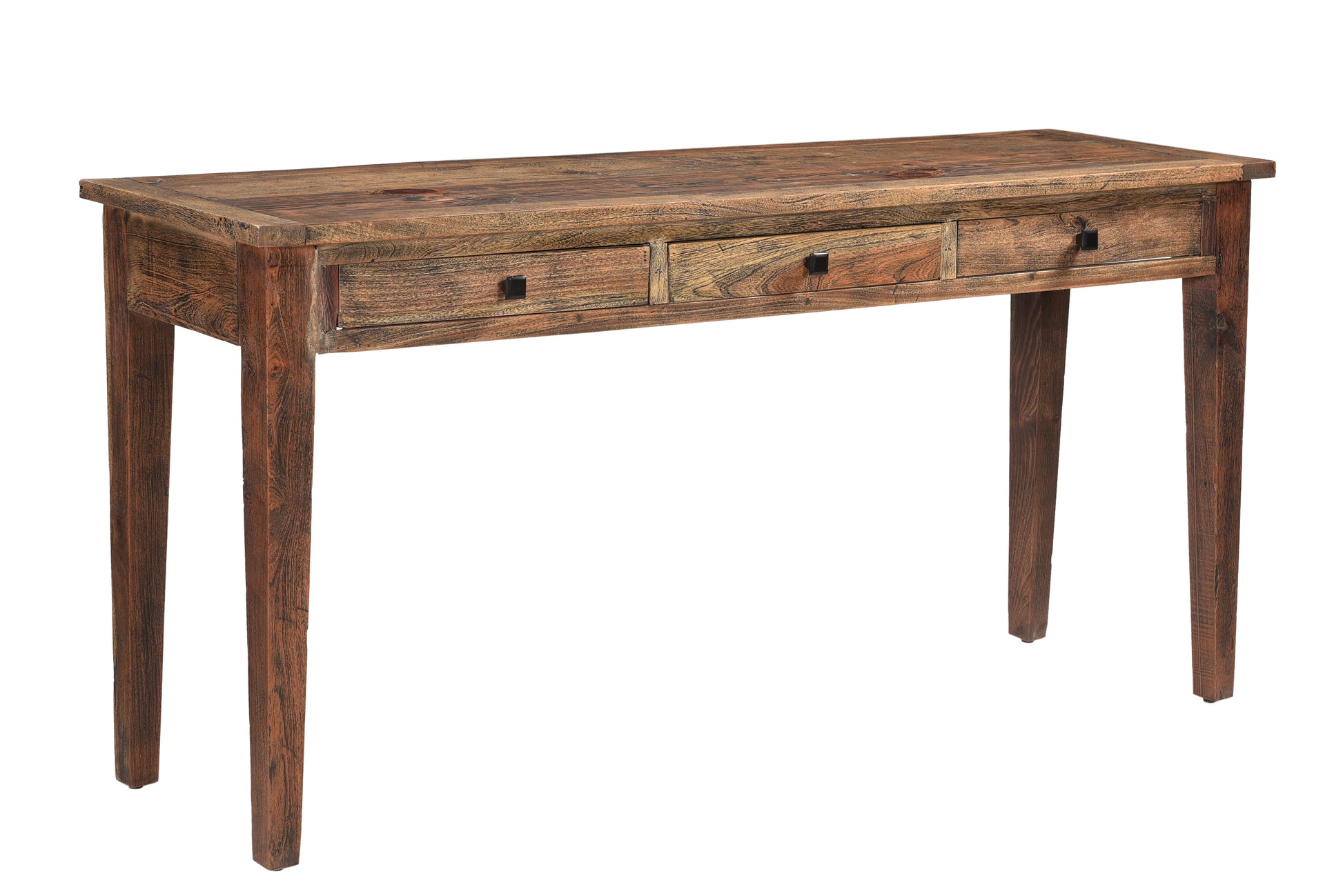 Side angle of a wooden sofa table .