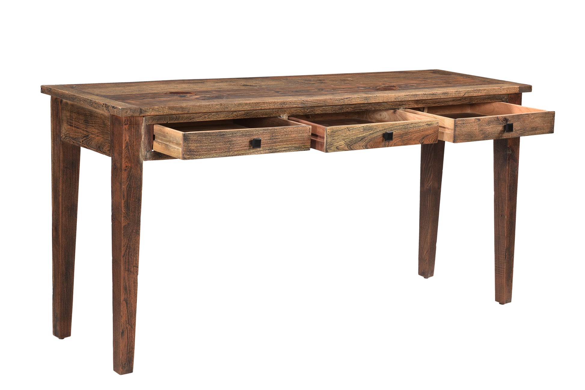 Close-up of sofa table’s detailed with on drawer.