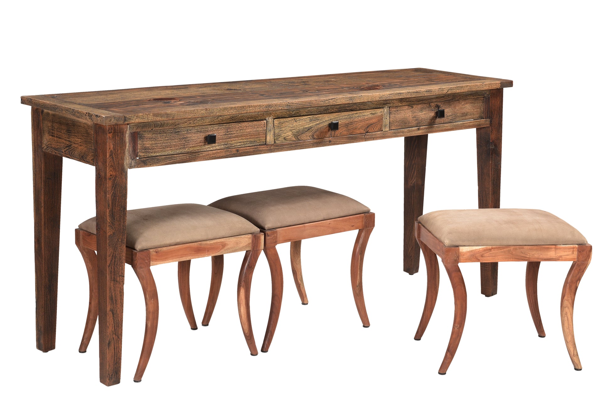 Side angle of a wooden sofa table with stools tucked in.
