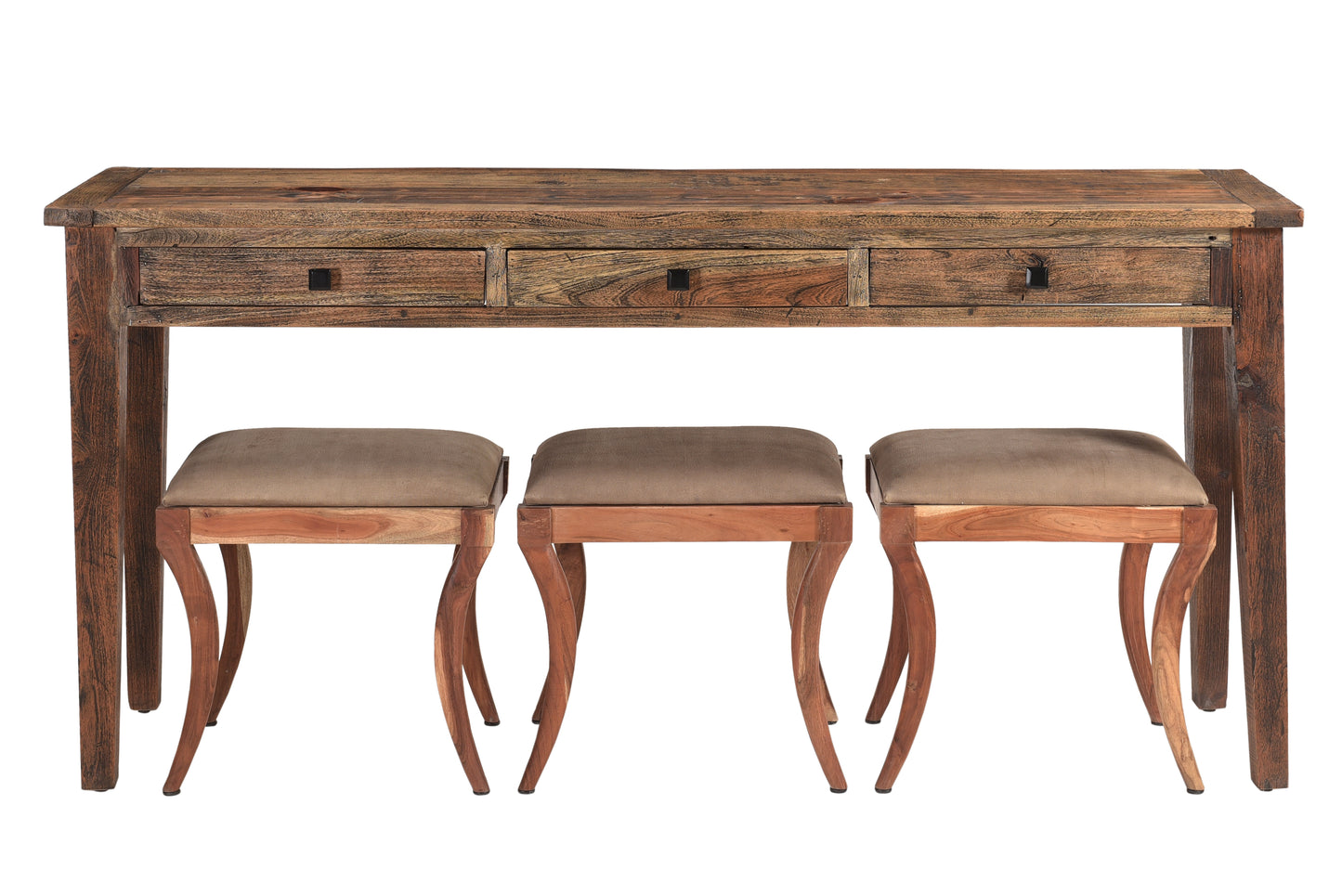 Wooden sofa table with matching upholstered stool