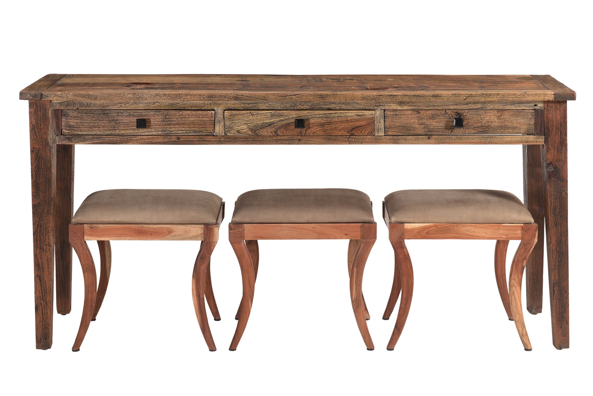 Wooden sofa table with matching upholstered stool