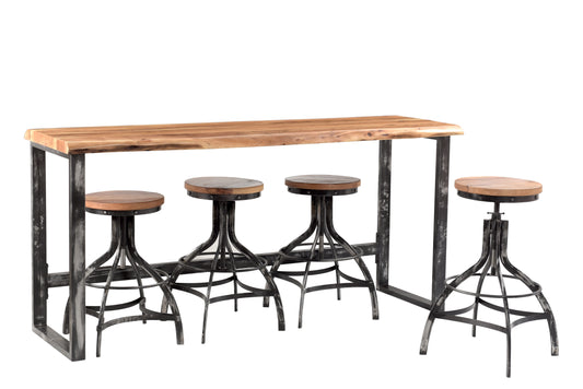 Front view of wooden sofa table with iron legs and stools.