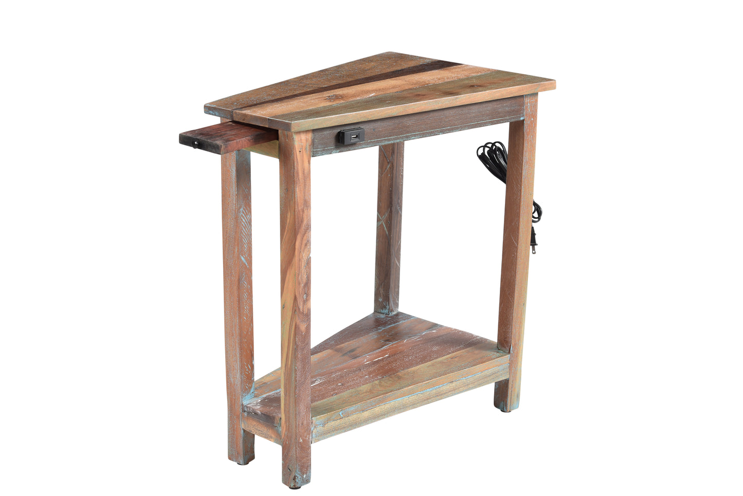 Compact storage-friendly wood side table design.