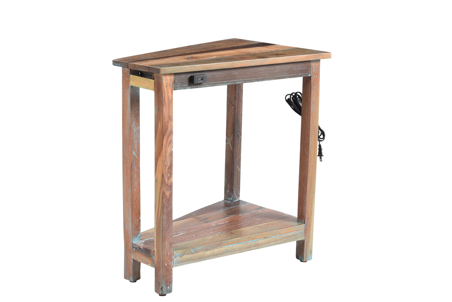 Rustic reclaimed wood side table with lower shelf.