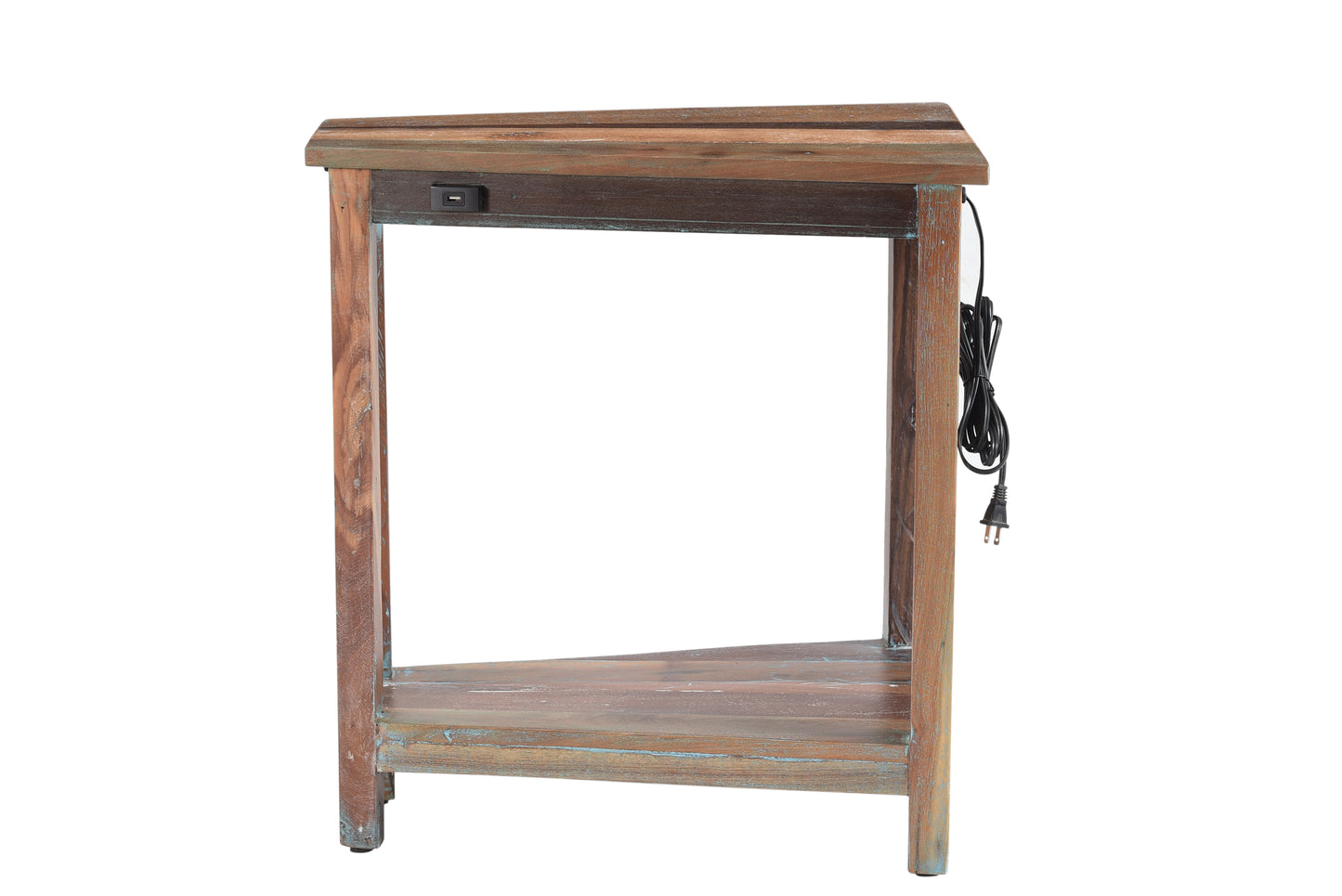 Front view of a wooden side table with a sturdy frame.