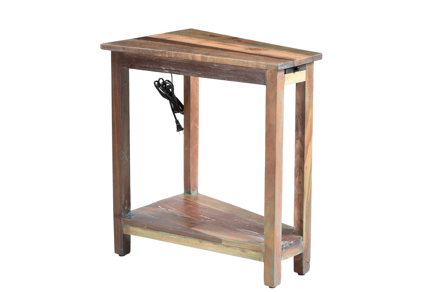Angled perspective of a reclaimed wood side table.