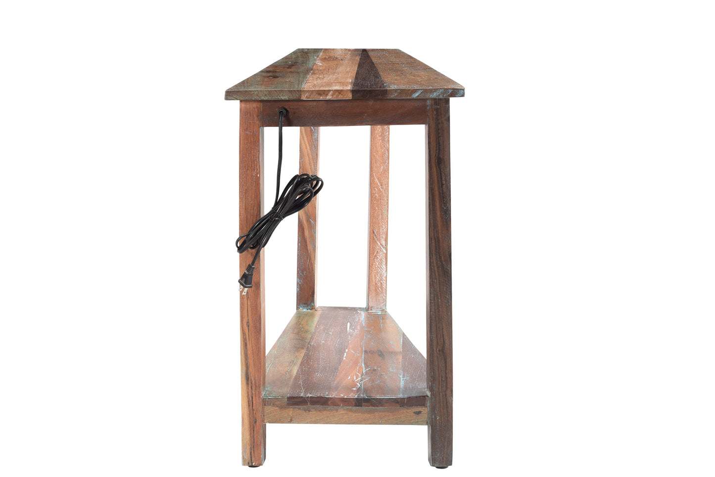 Close-up of side table’s wooden surface and frame.