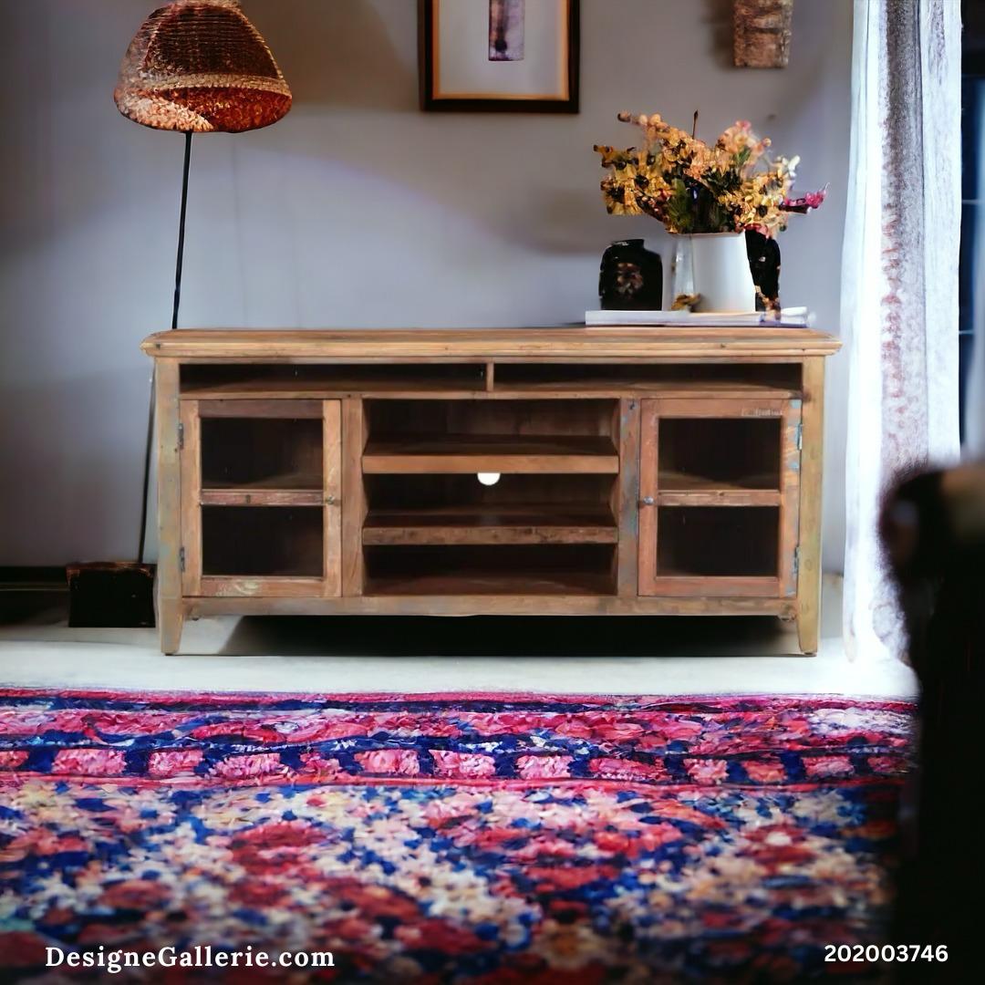 Rustic media cabinet in a cozy living room setting.