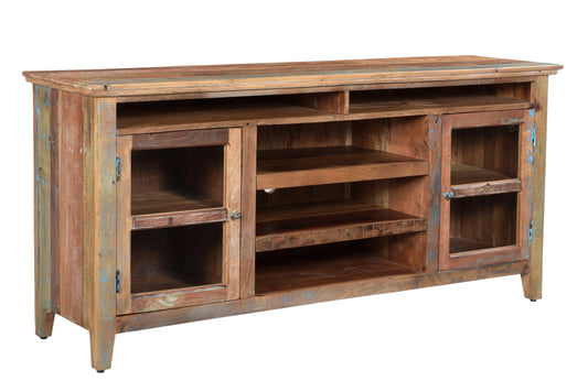 Side angle of a media cabinet with storage compartments.