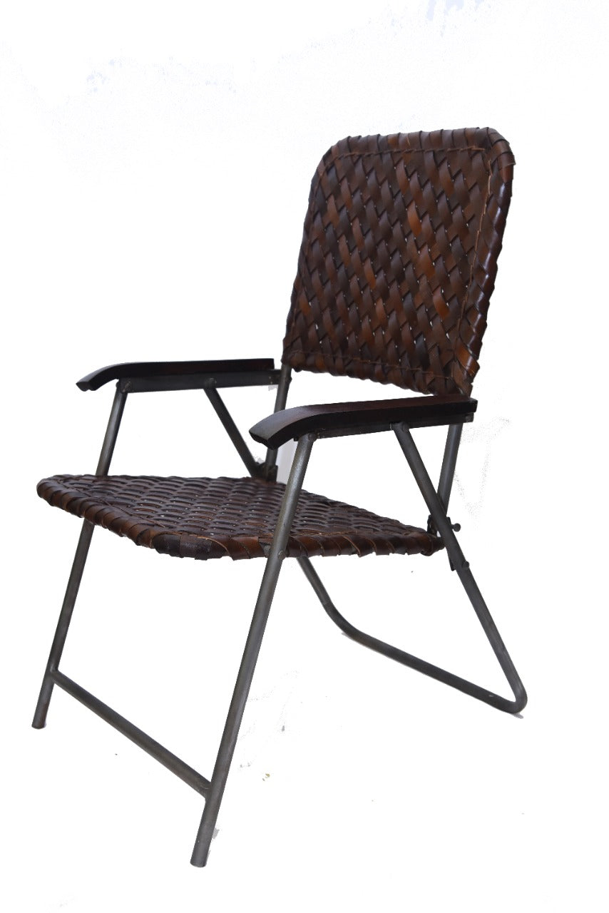 Folding leather chair with genuine leather seat and iron frame
