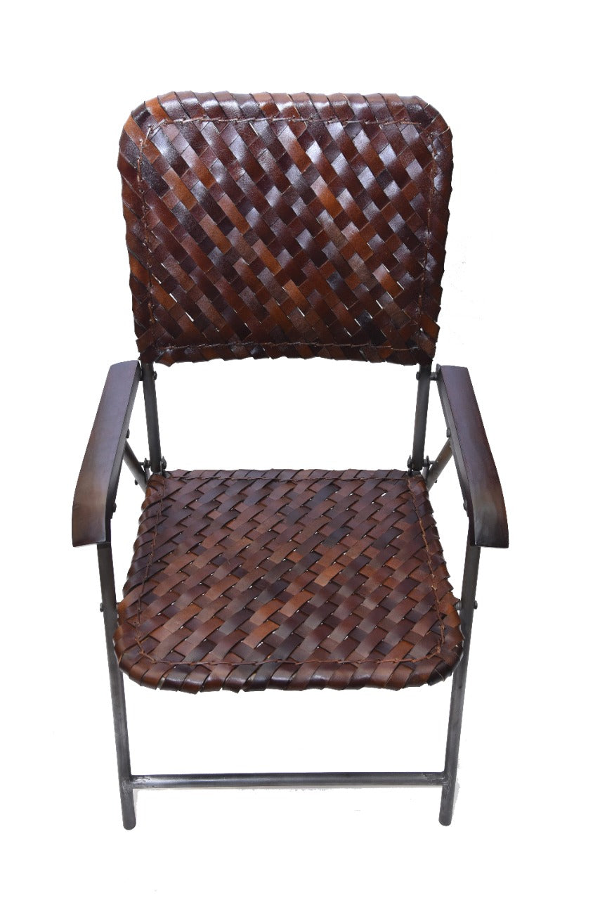 Portable leather chair with black iron frame and woven seat