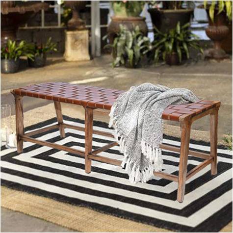 Leather Bench styled in an outdoor patio setting