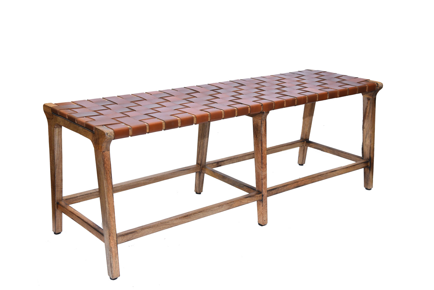 Side-angle view of wooden Leather Bench