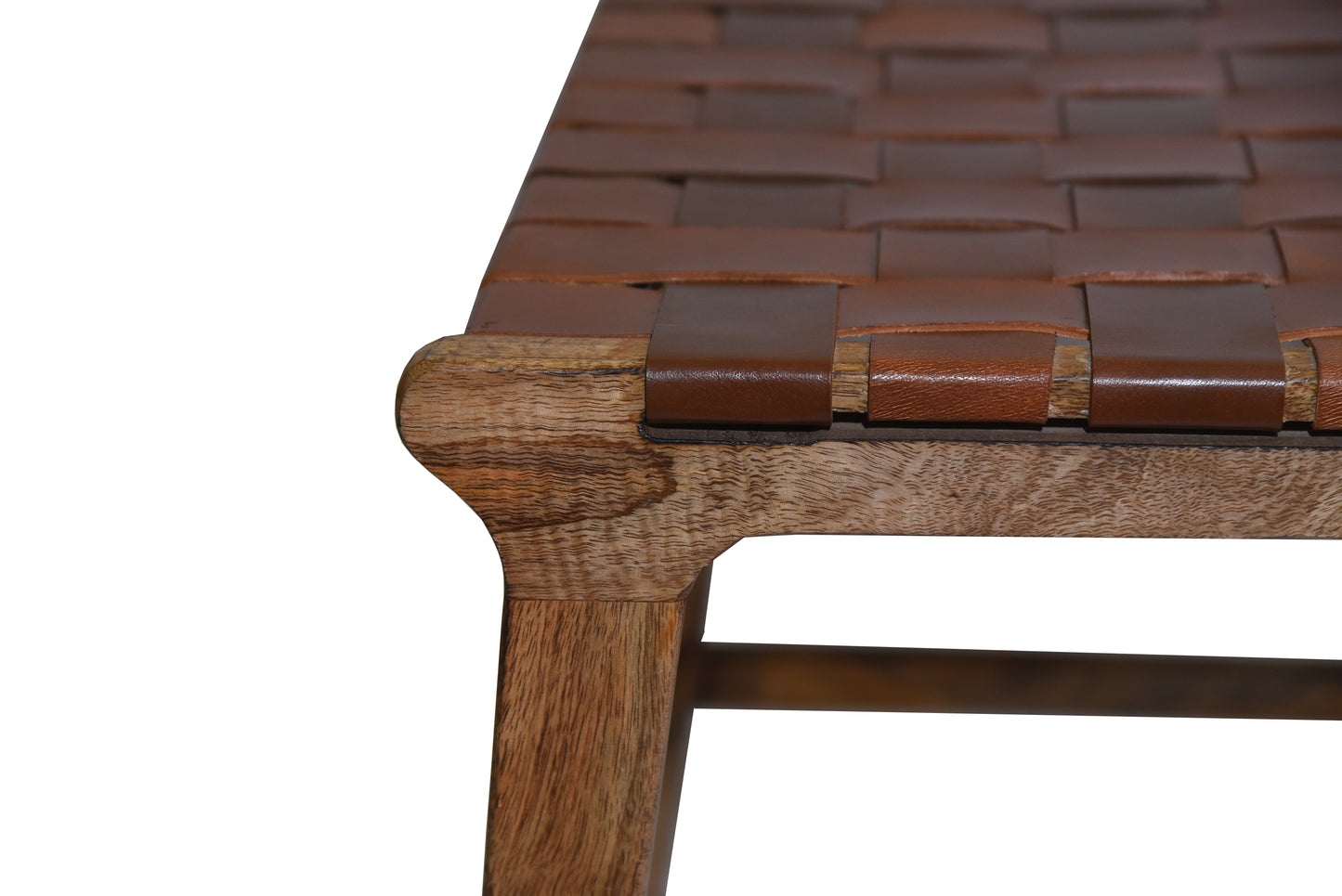 Close-up of woven leather seat on Leather Bench