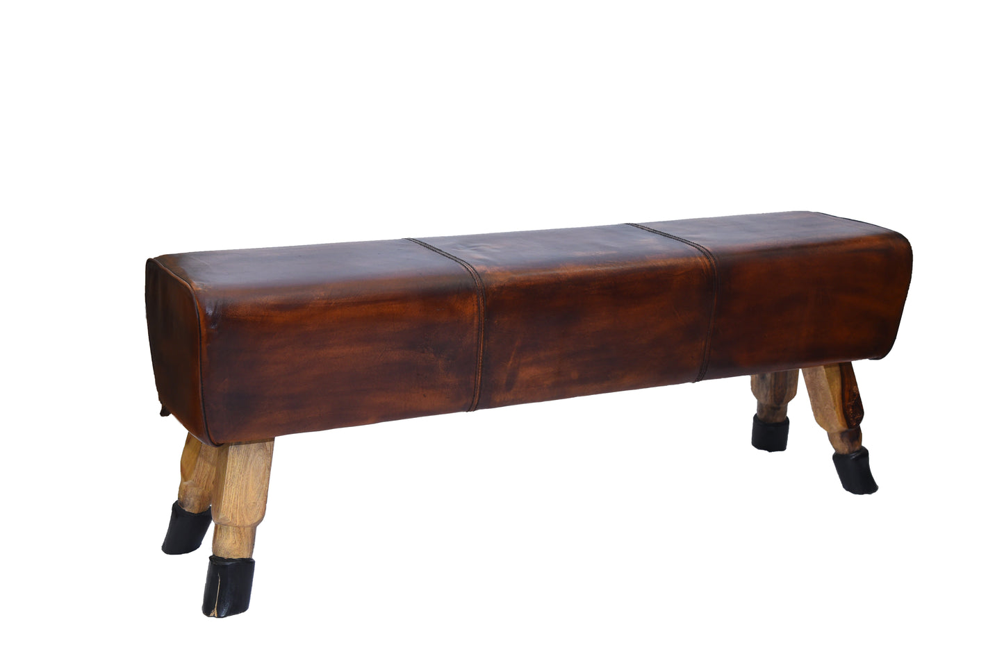 Taffey Leather Bench with rustic wooden legs