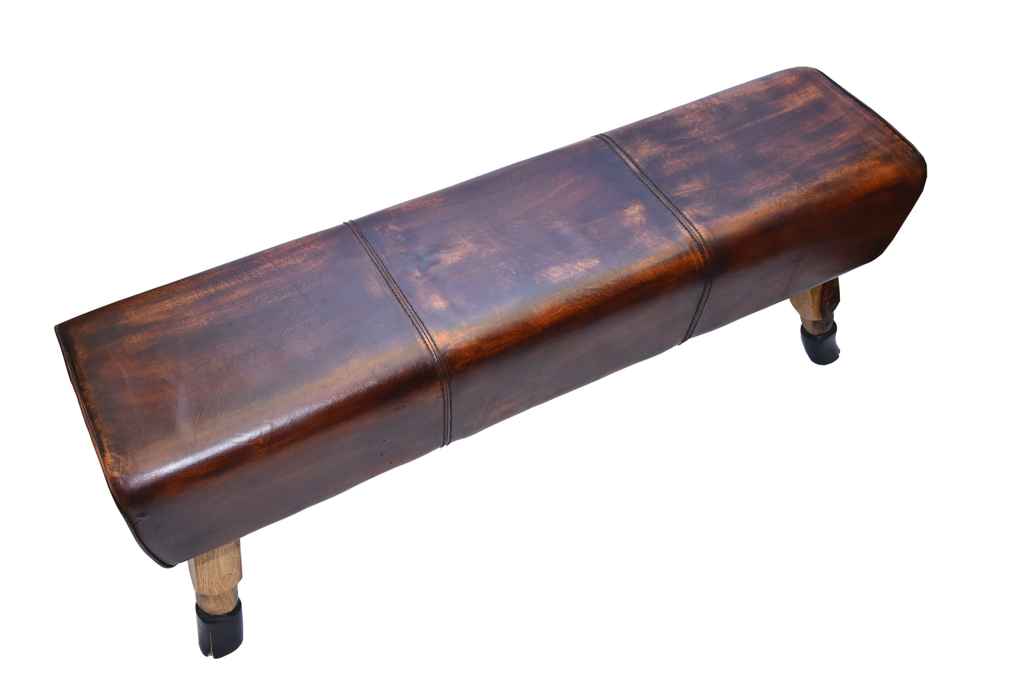 Angled view of handcrafted leather bench