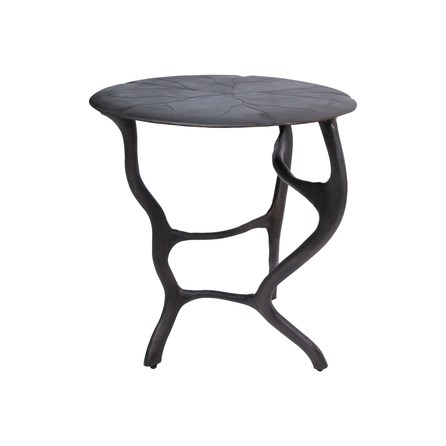 Round metal side table with intricate design