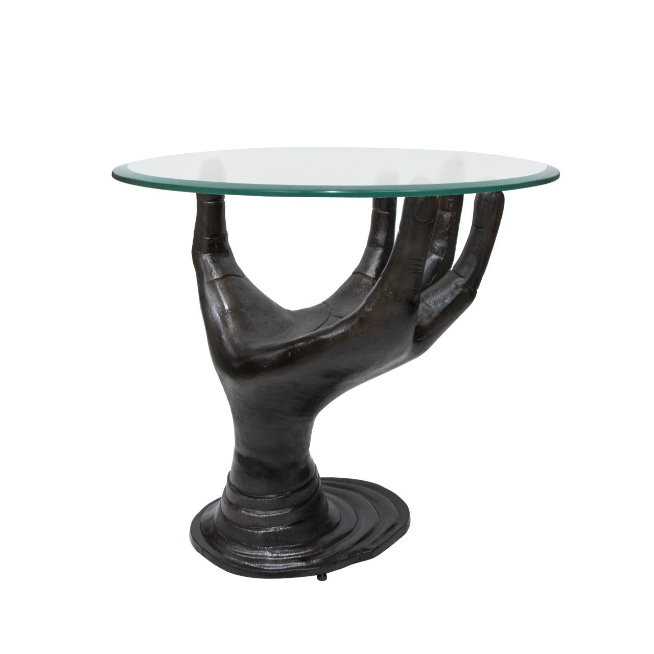 Glass-top palm table with artistic metal base