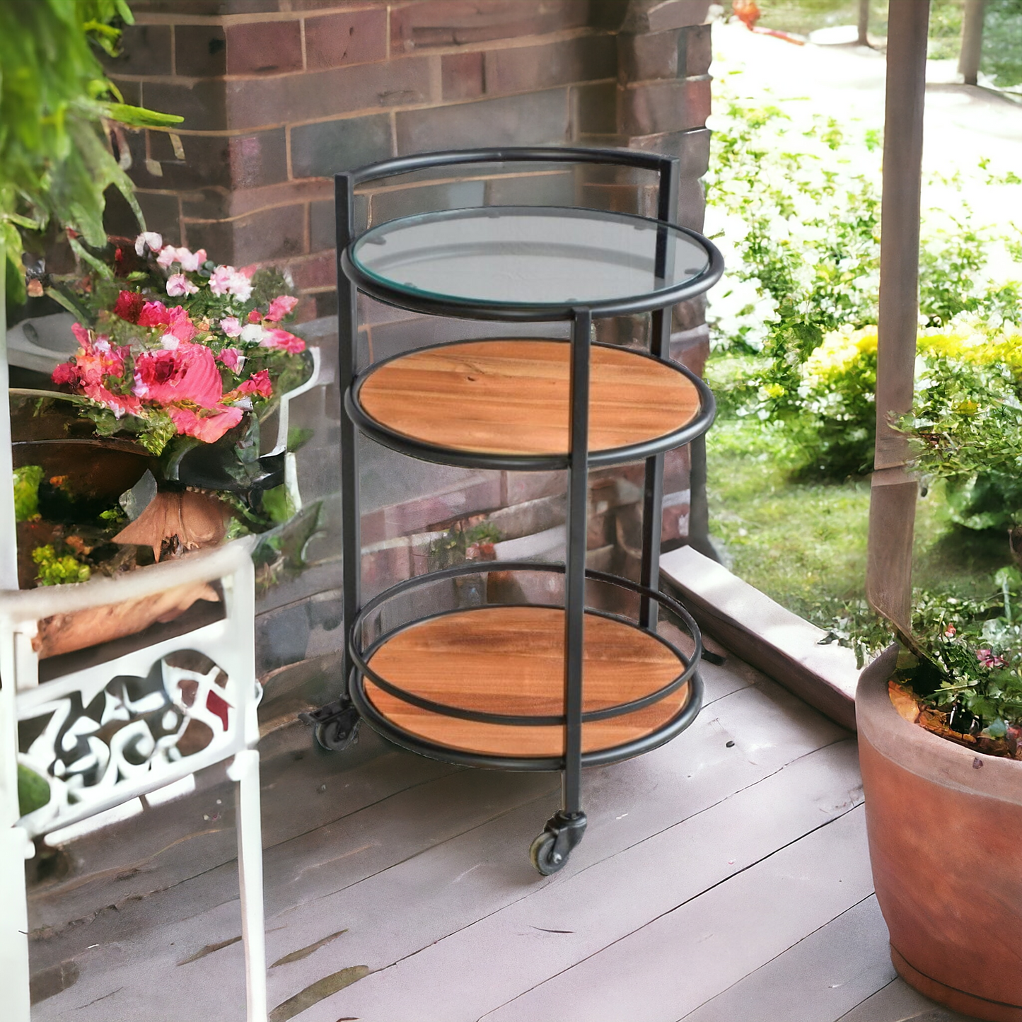 Vintage-style Bar Trolley with wooden shelves and metal frame