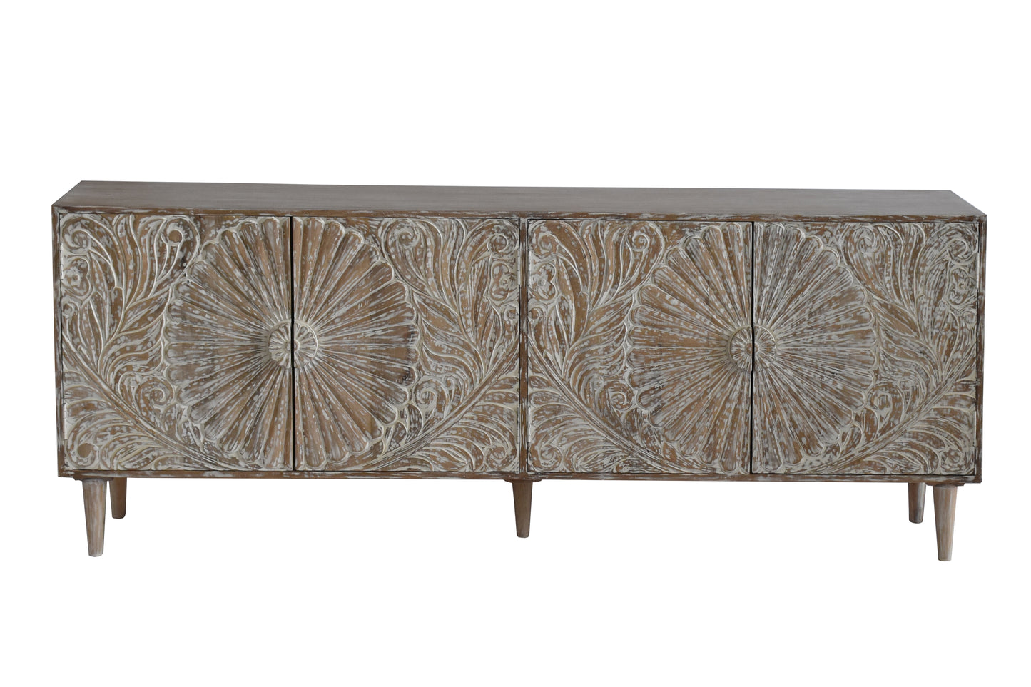 Elegant wooden media cabinet with intricate carved details.