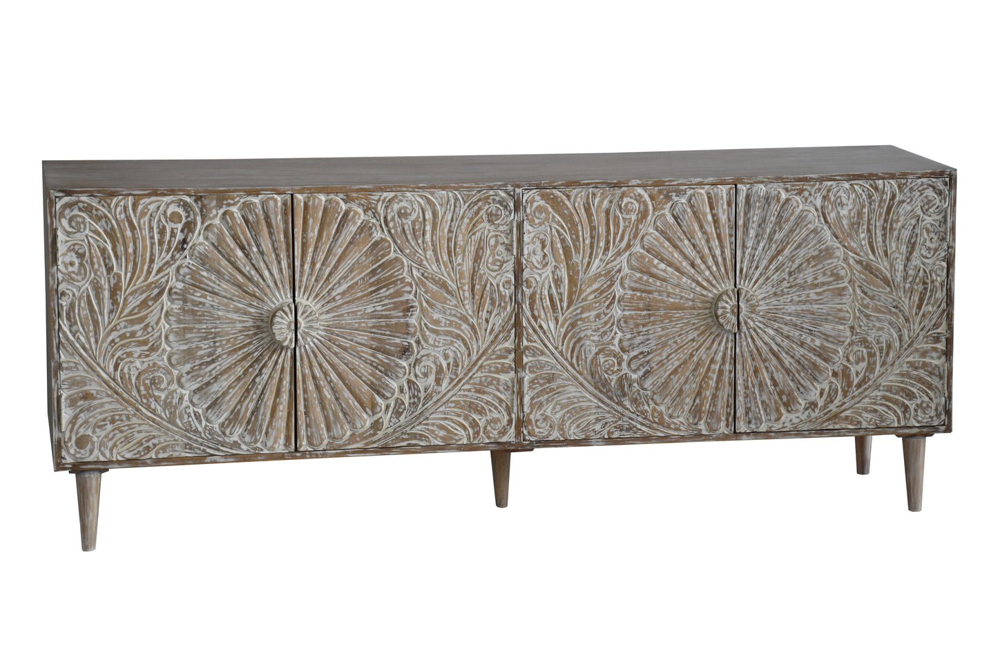 Front view of a stylish media cabinet with a floral pattern.
